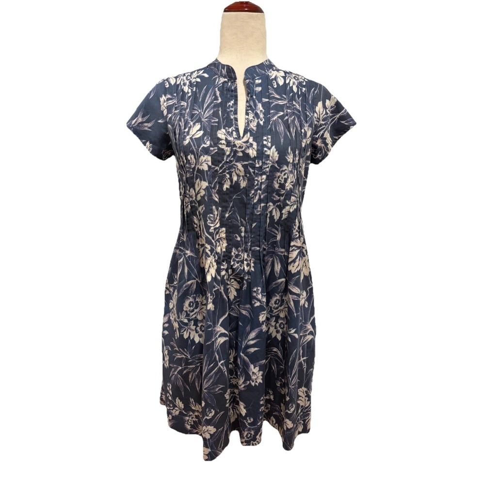 Peruvian Connection V Neck Blue Beige‎ Floral Pockets Pima Cotton Women's XS